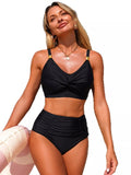 Two-piece Twisted Front High-Waisted Bikini Set in black with ruched top and gold hardware by Trendsi