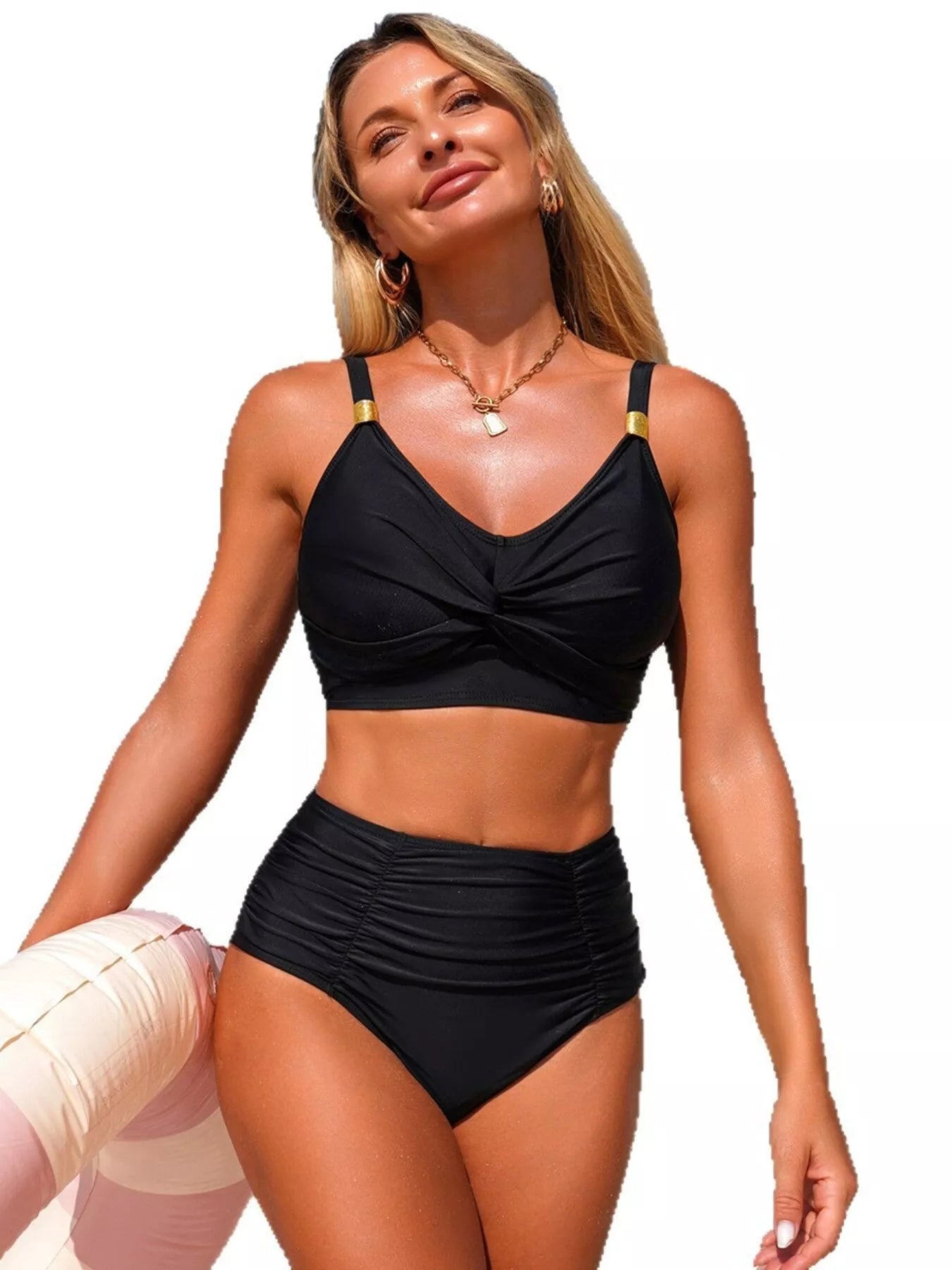 Two-piece Twisted Front High-Waisted Bikini Set in black with ruched top and gold hardware by Trendsi