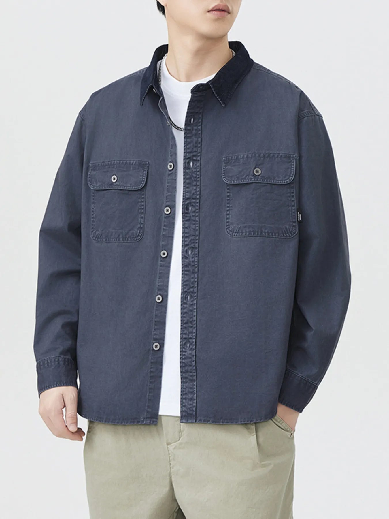 Dark gray men’s plus size button-up long sleeve shirt with two chest pockets