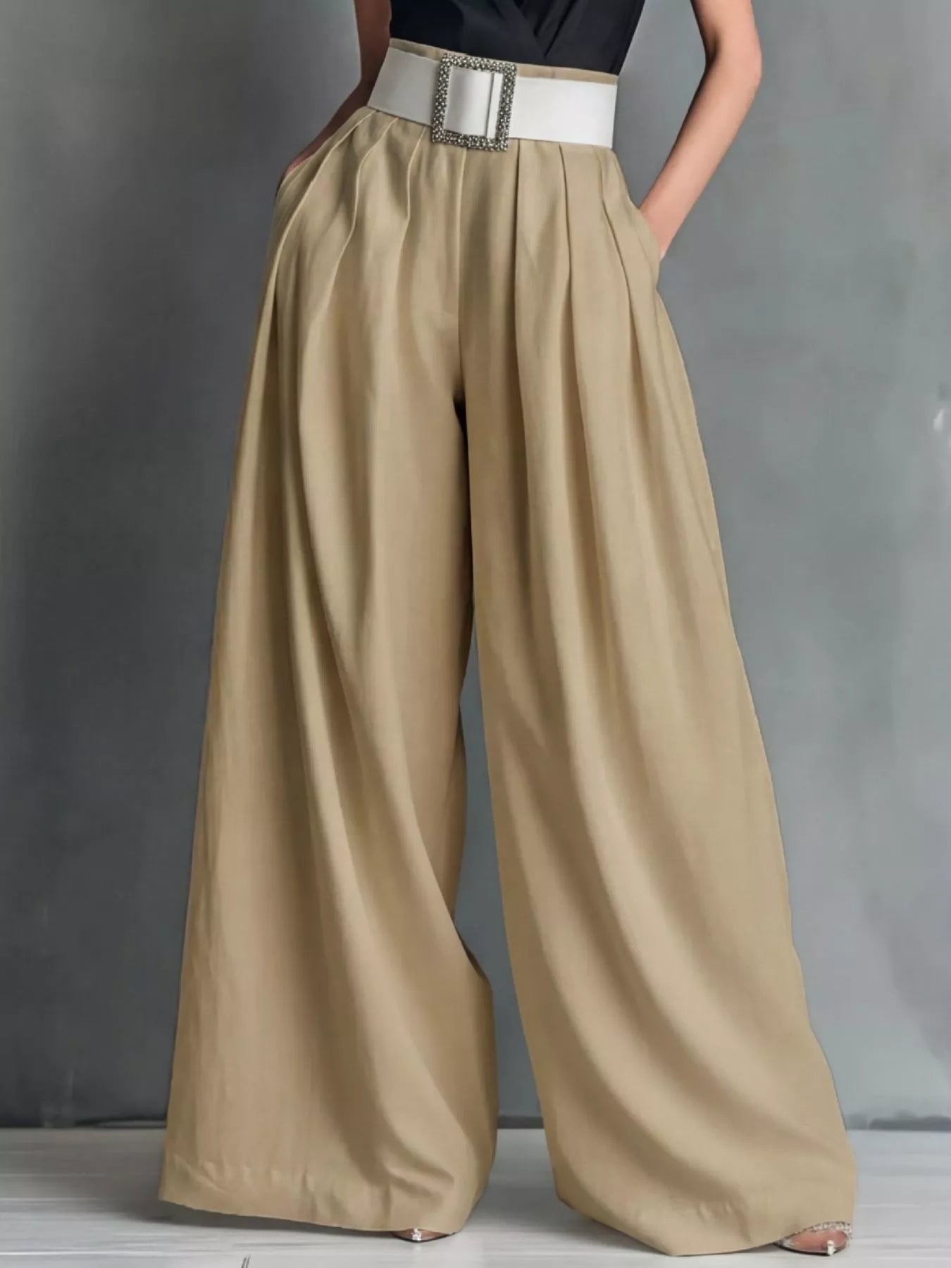 Khaki high-waisted wide-leg pants with belt band and square silver buckle