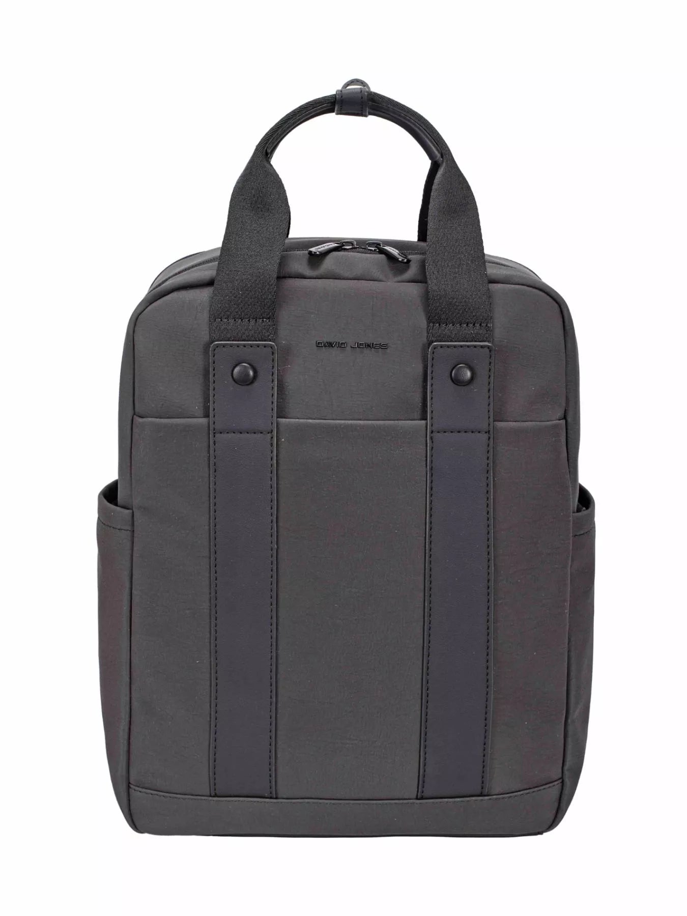 Canvas backpack bag with dual handles, dark gray/black front zip panel