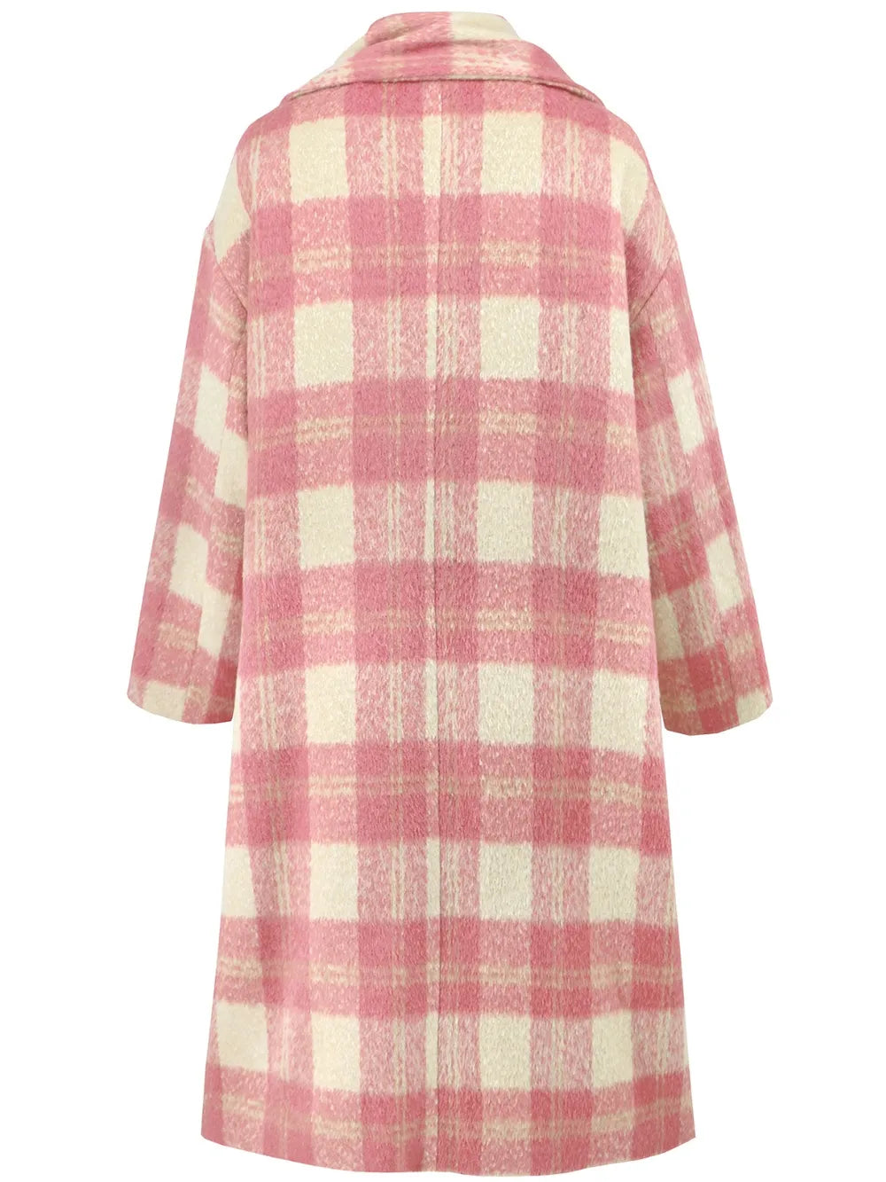 Plaid button-up long coat back in pink and cream plaid with hooded neckline and long sleeves