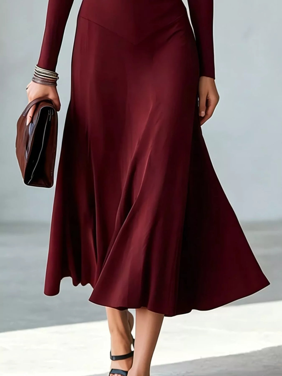 Burgundy mock neck long sleeve midi dress with flared skirt and cutout bust