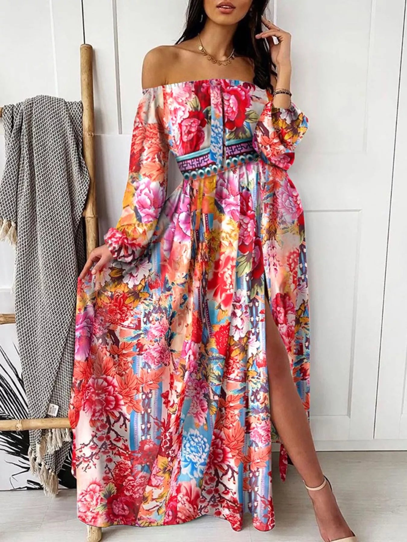 Red and pink floral off-shoulder maxi dress with long puff sleeves and side slit