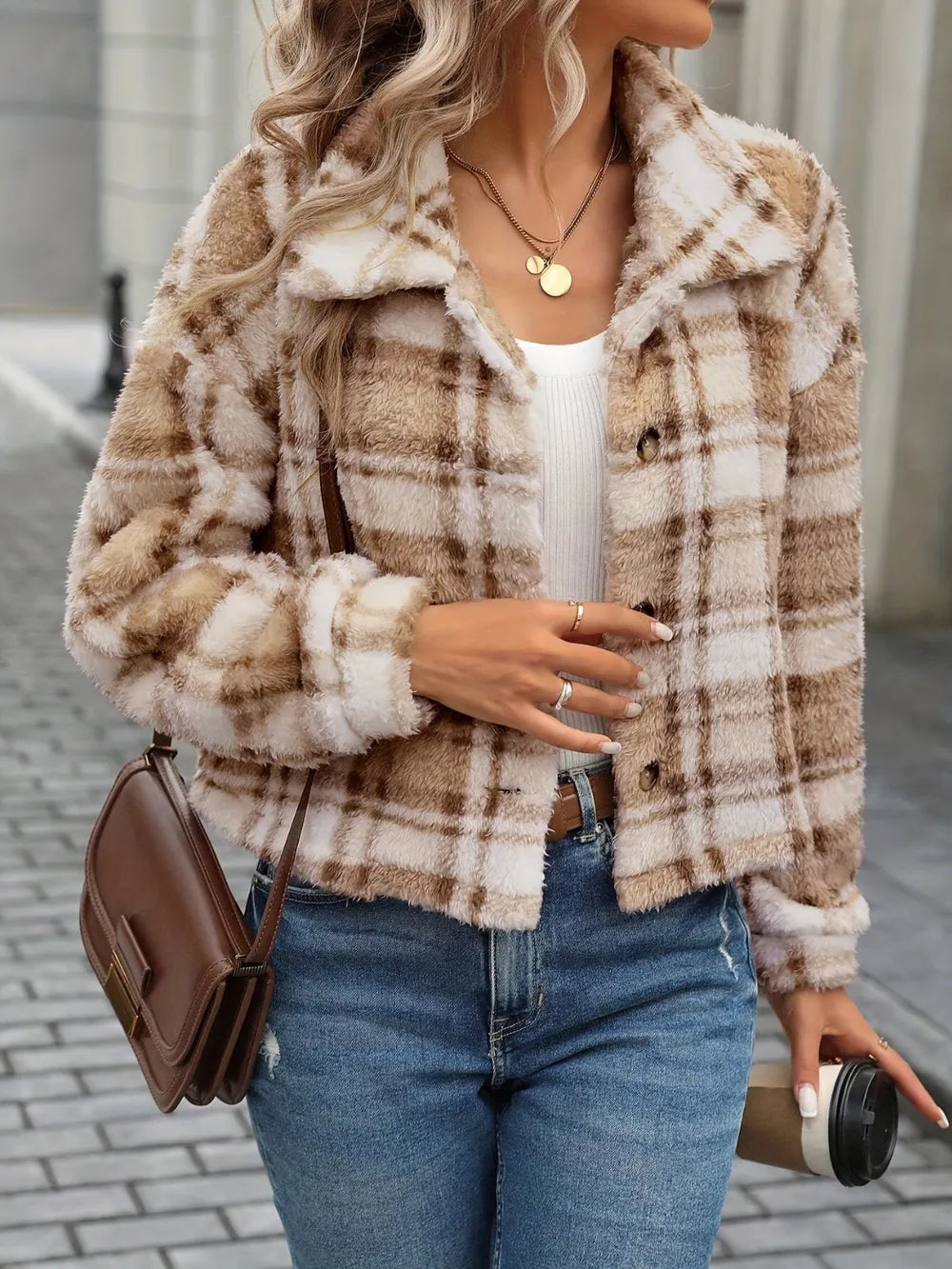 Plaid camel fleece button-up collared jacket, long sleeves, button front