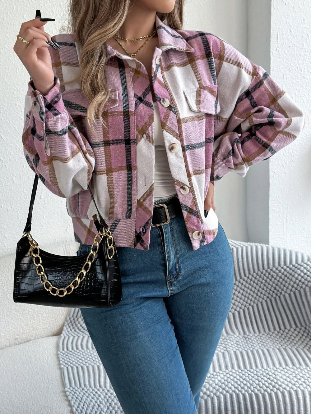 Lilac plaid button-up long sleeve jacket with snap buttons and chest flap pockets