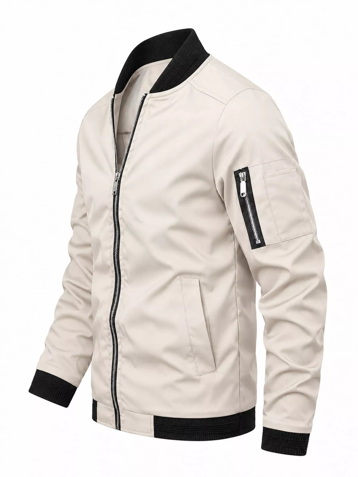 Lightweight bomber jacket in off-white with black zipper and ribbed cuffs