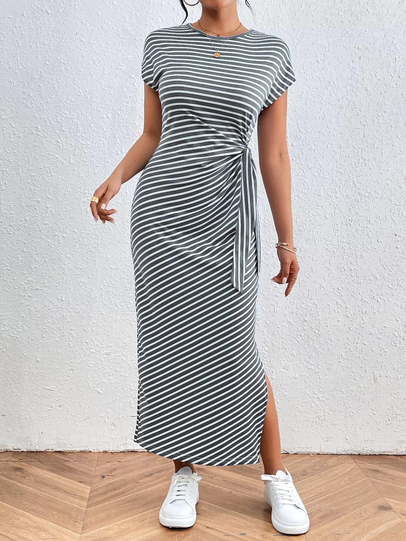 Dark gray striped tie-waist midi dress with short sleeves, crew neck, side slit