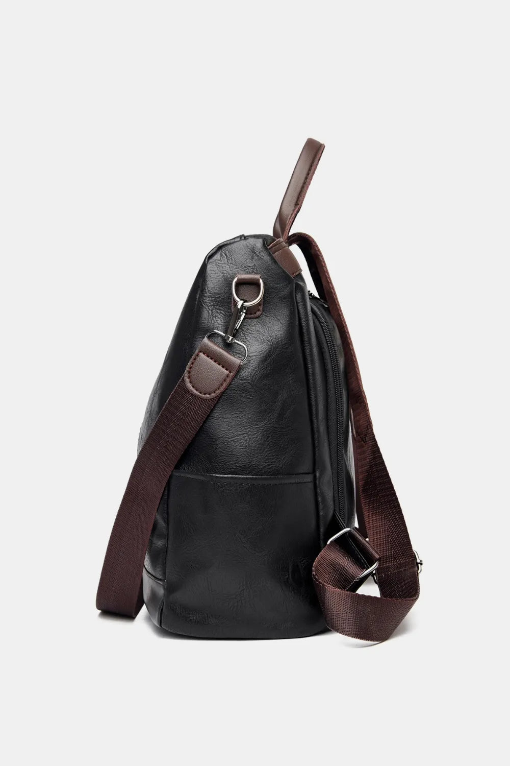Black vegan leather backpack bag with brown adjustable strap and top ring handle