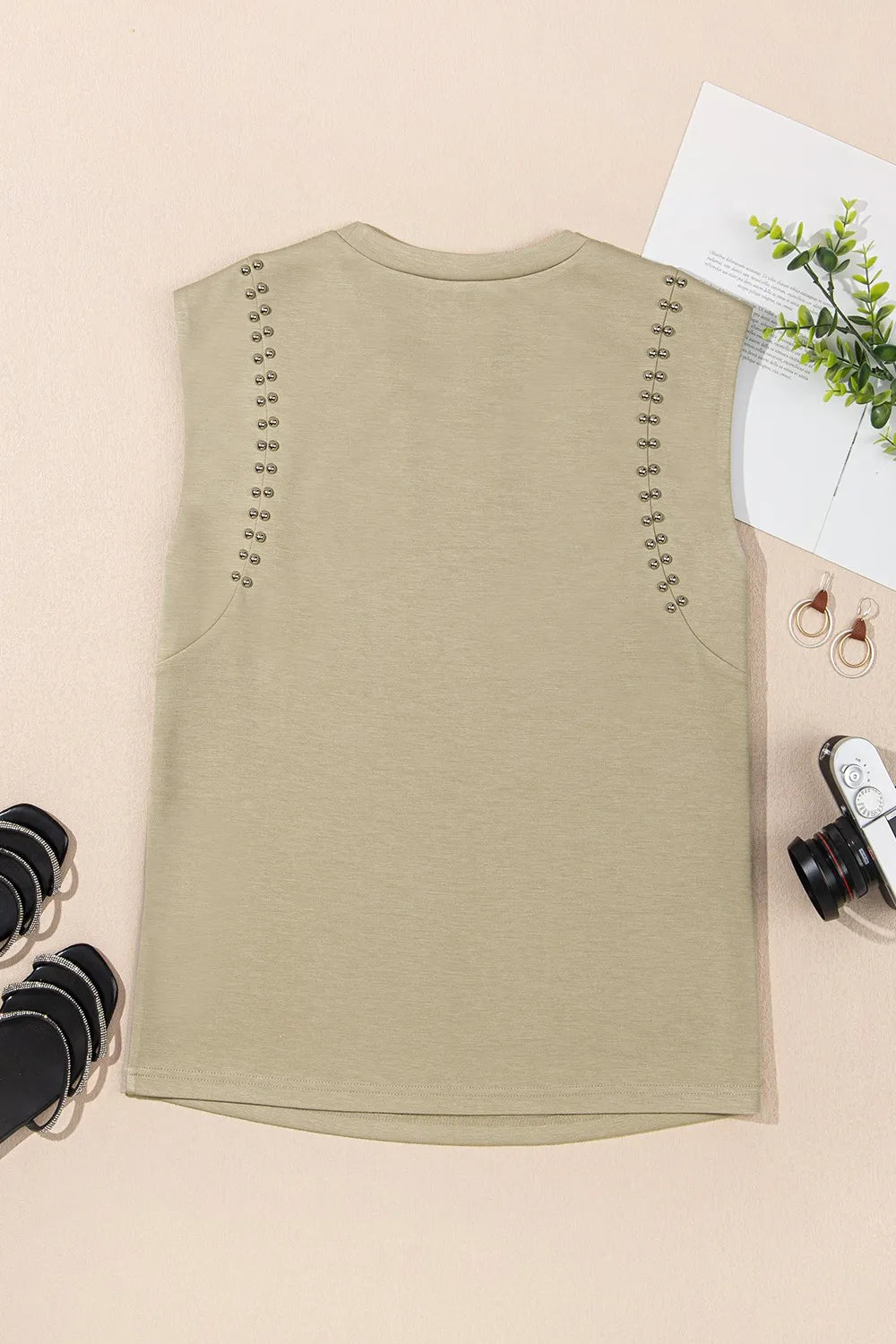 Cedar & Moore Studded cap sleeve beige round-neck T shirt with metal studs along shoulder seams