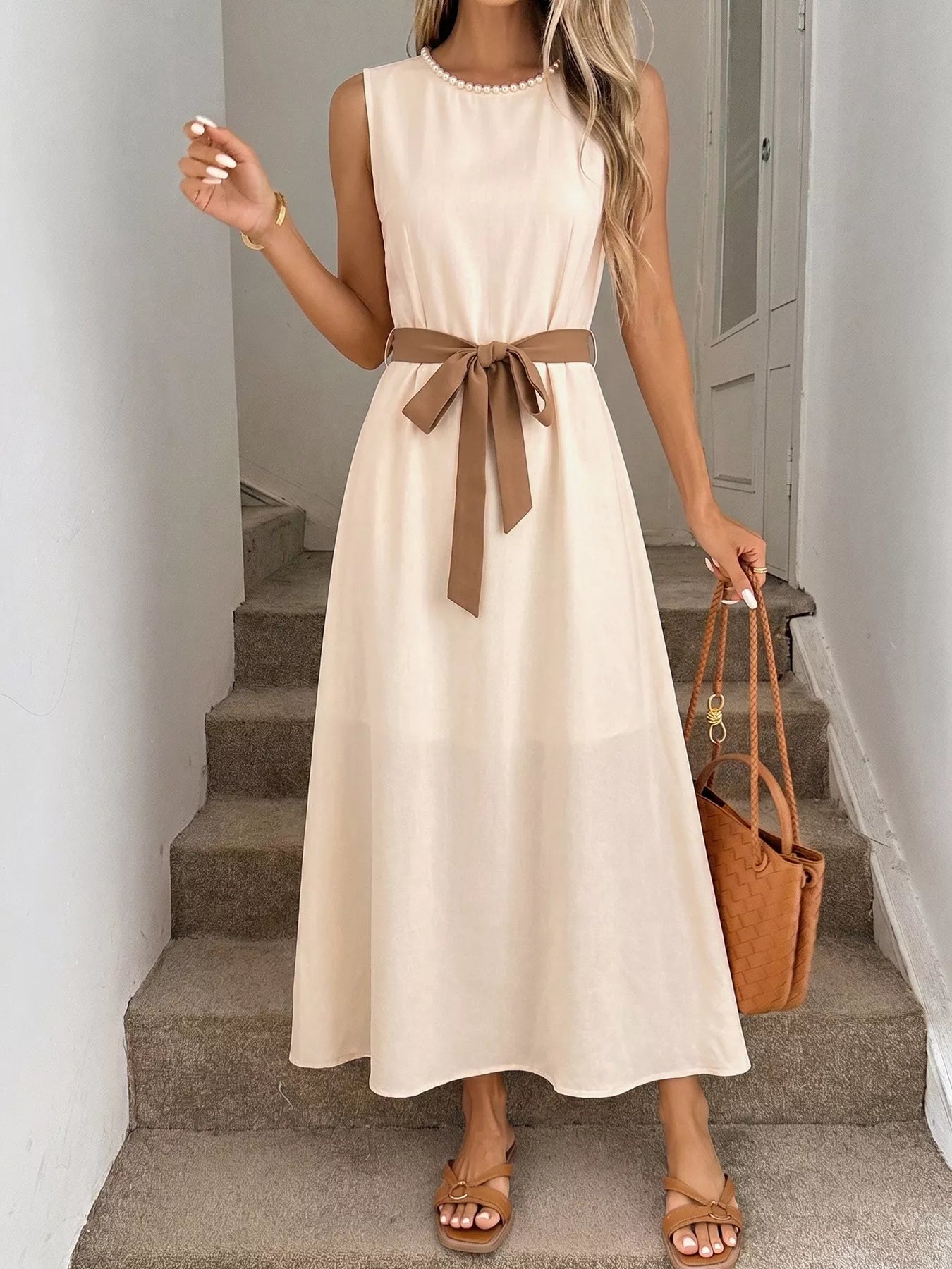 Cedar & Moore sleeveless A-line midi dress in ivory with brown sash belt