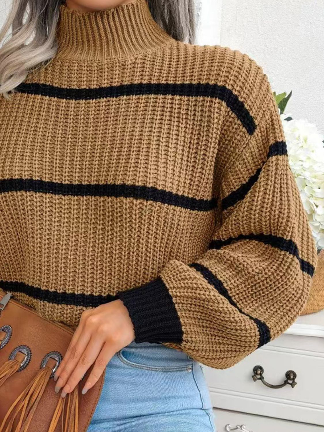 Mock neck striped knit sweater camel with black bands, ribbed cuff detail