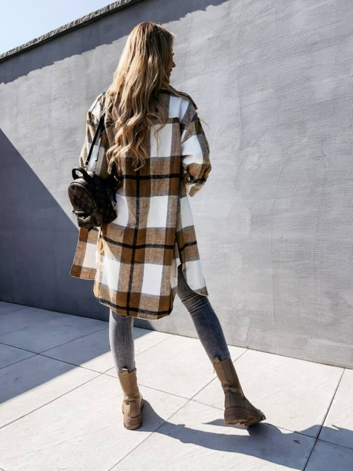 Plaid longline collared shirt in white and brown checks, button-front, long sleeves