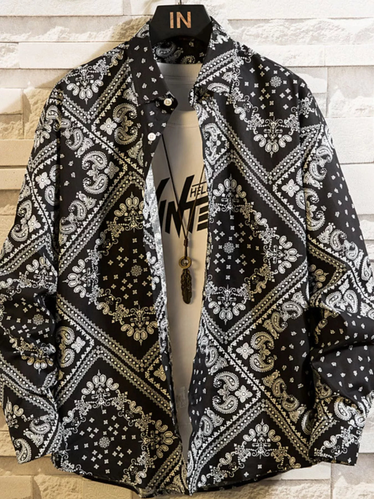 Men's button-up stretch shirt with black bandana-style print and gold accents