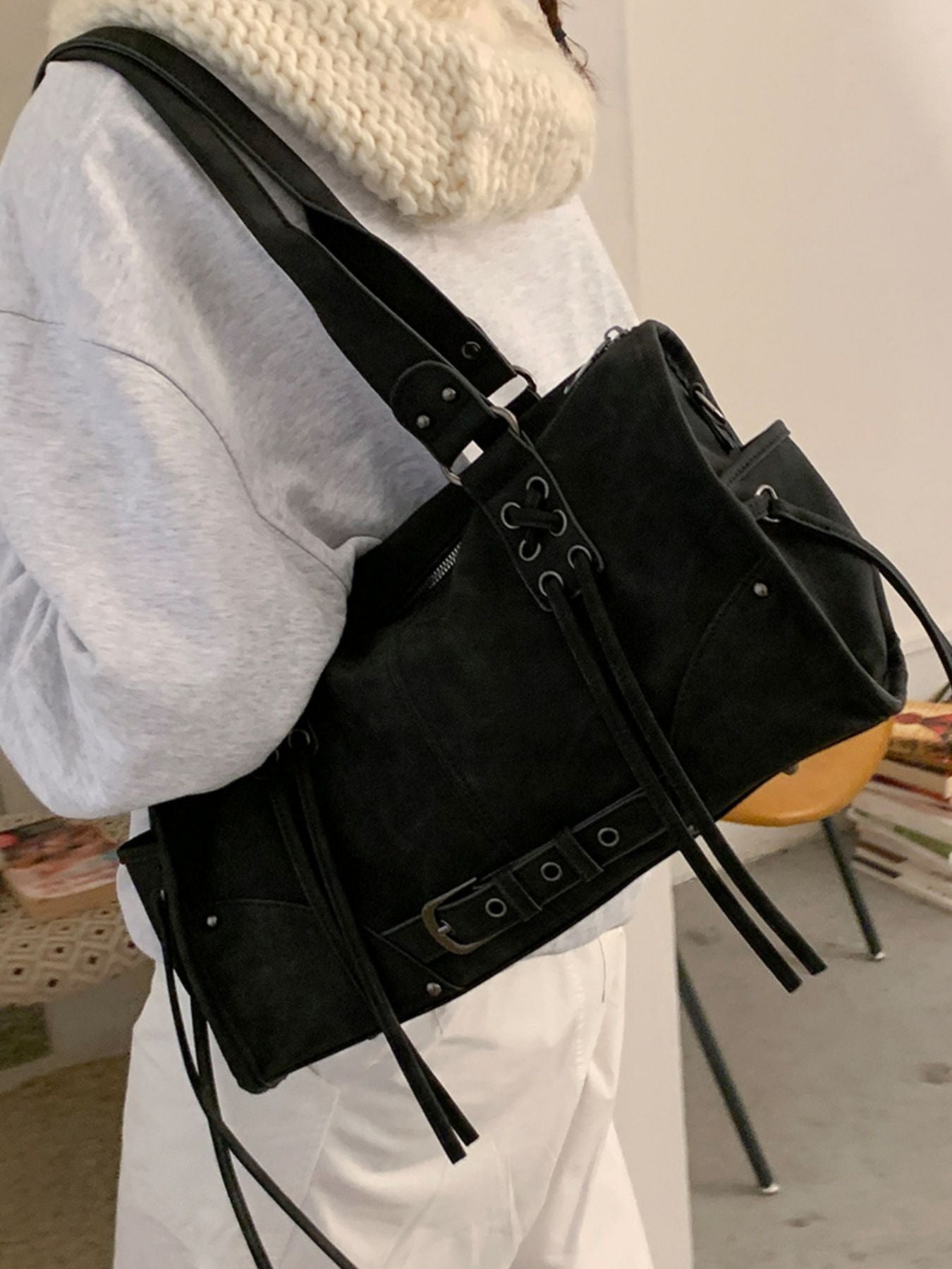 Lace Up Shoulder Bag in black PU, medium size with adjustable strap.