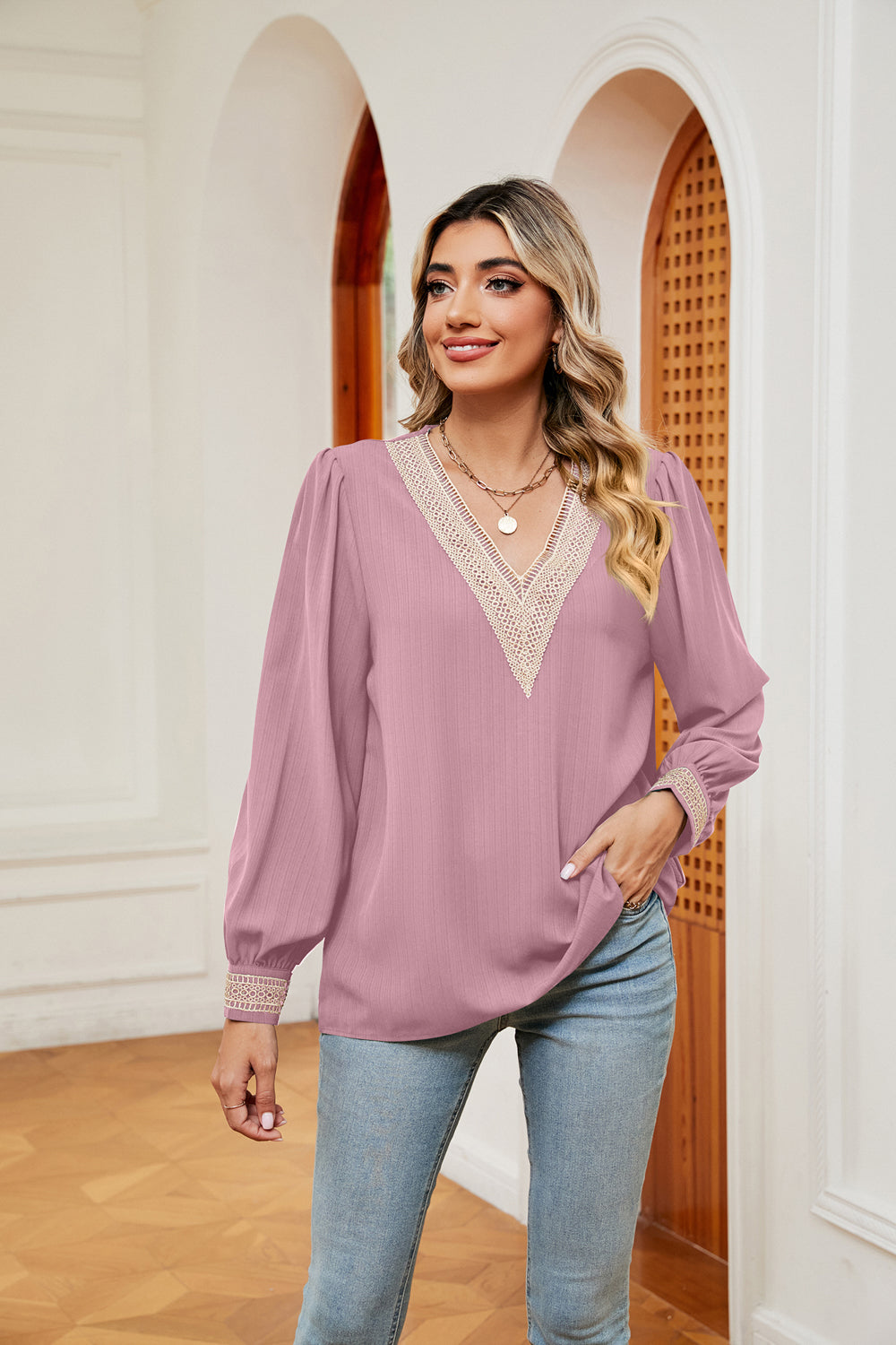 Blush pink contrast V-neck puff sleeve blouse with embroidered neckline