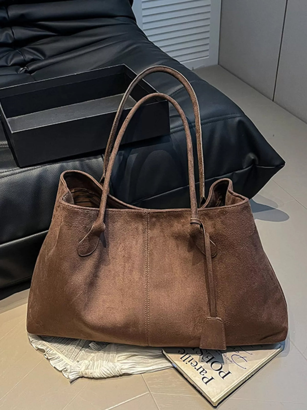 Brown suede large tote bag with dual handles and side drawstring loops