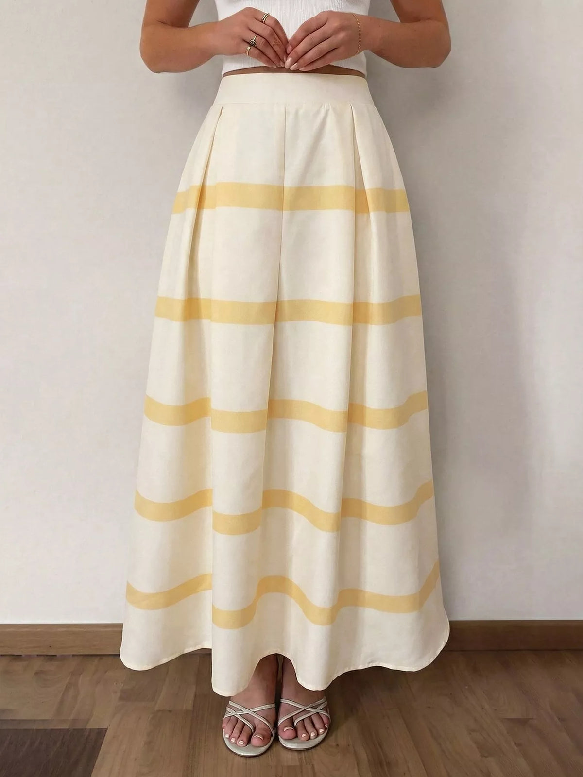 Cream maxi skirt with yellow striped bands and elastic waist