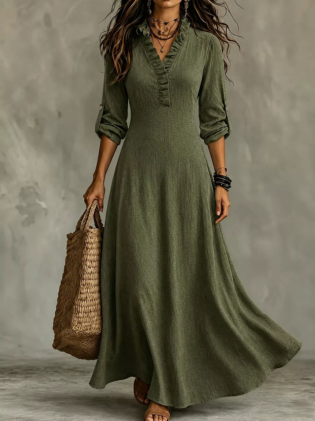 Green tied frill V-neck maxi dress, 3/4 sleeves, buttoned front, flowing skirt