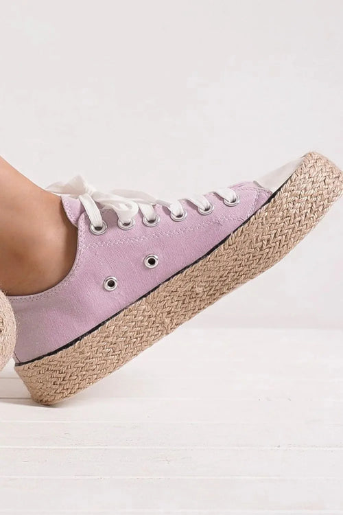 Lilac lace-up woven espadrille-sole sneakers, metal eyelets and white laces