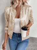 Gold zip-up long sleeve jacket with stand collar, zip front, ribbed cuffs