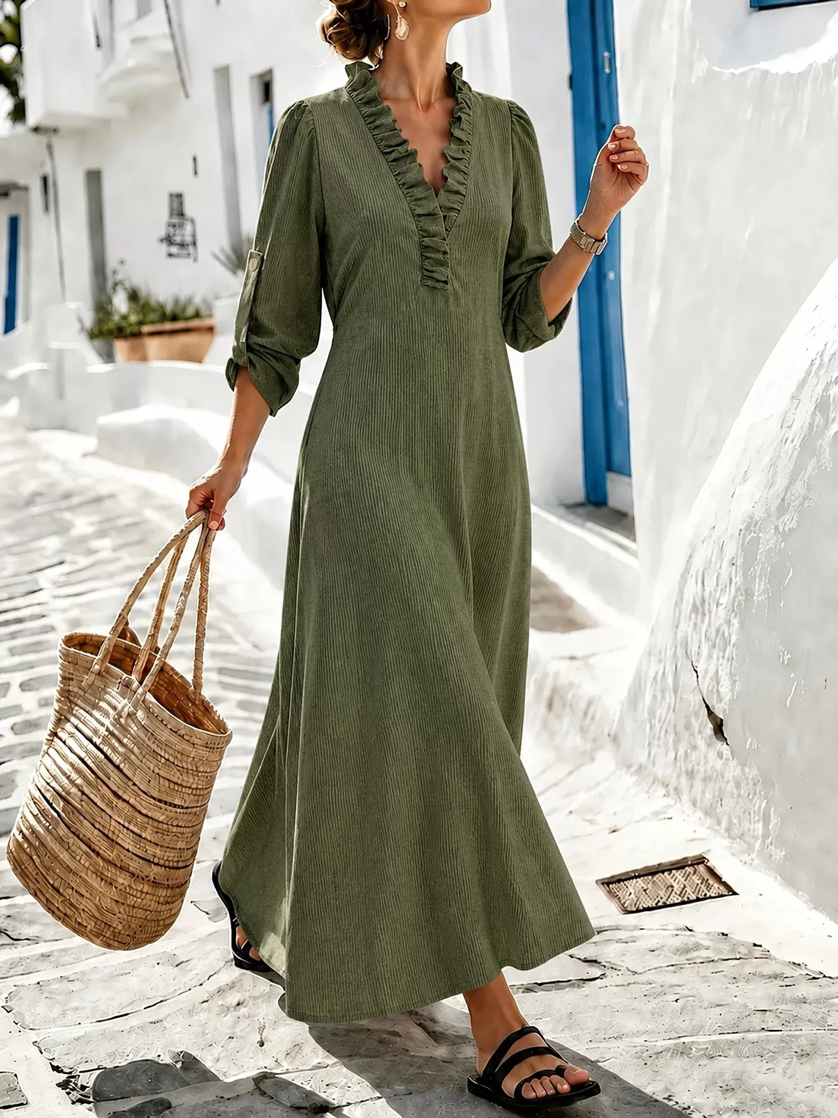Olive green tied frill V-neck maxi dress, 3/4 sleeves, ruffle placket detail