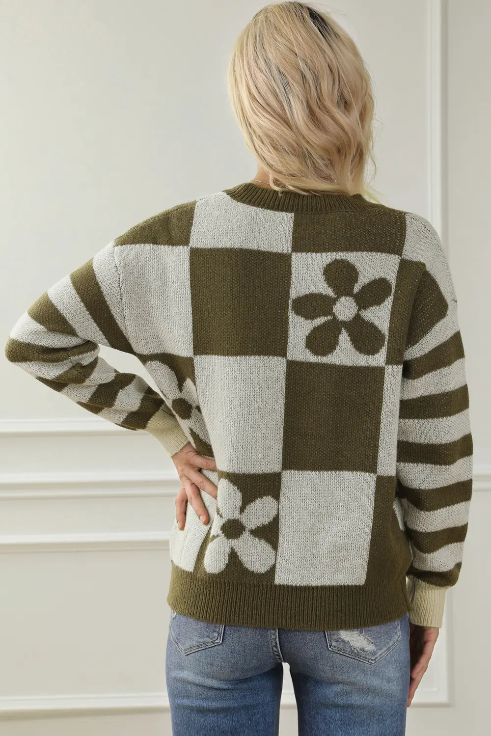 Back view of army green and cream contrast round neck long sleeve sweater with checker flower design