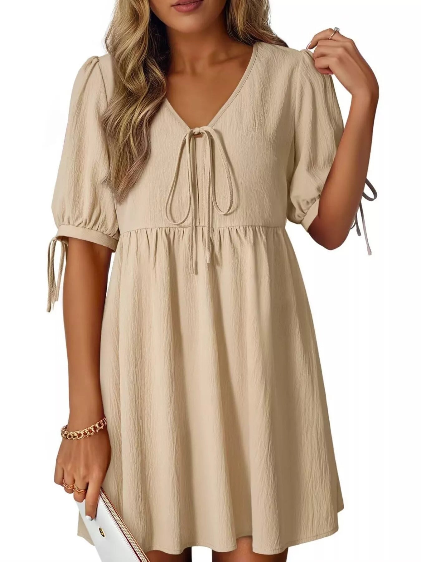 Tie-Neck Puff Sleeve A-Line Mini Dress, beige, Trendsi
