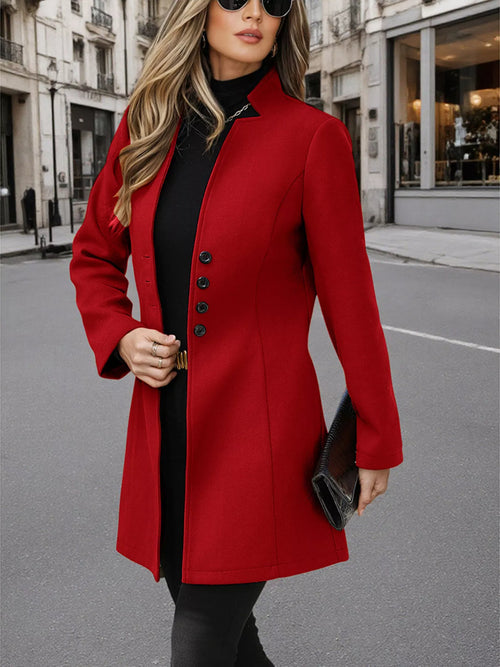 Red button-up long sleeve coat with black placket and front buttons