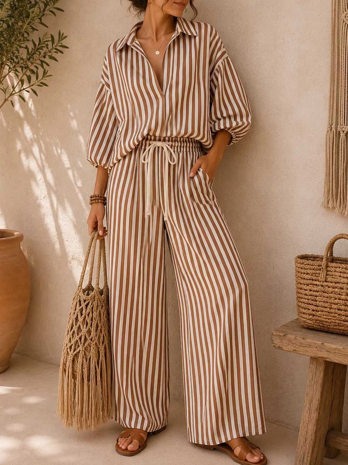 Tan-and-brown striped collared shirt and wide-leg pants set with drawstring waist