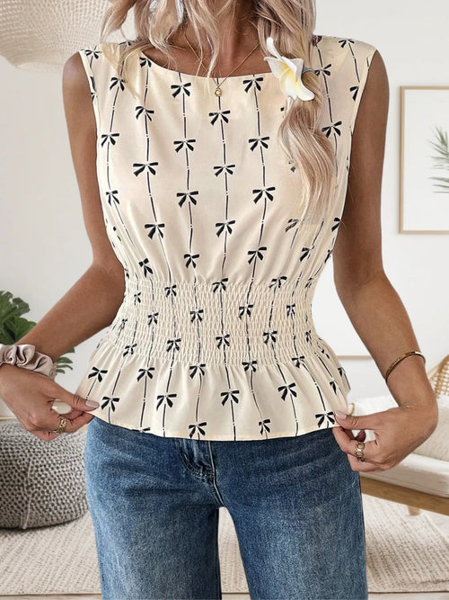 Bow print shirred waist tie-shoulder blouse, cream with black bows on front