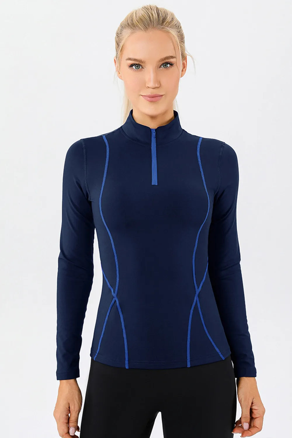 Mock neck active t-shirt in dark blue, long sleeves, quarter-zip front