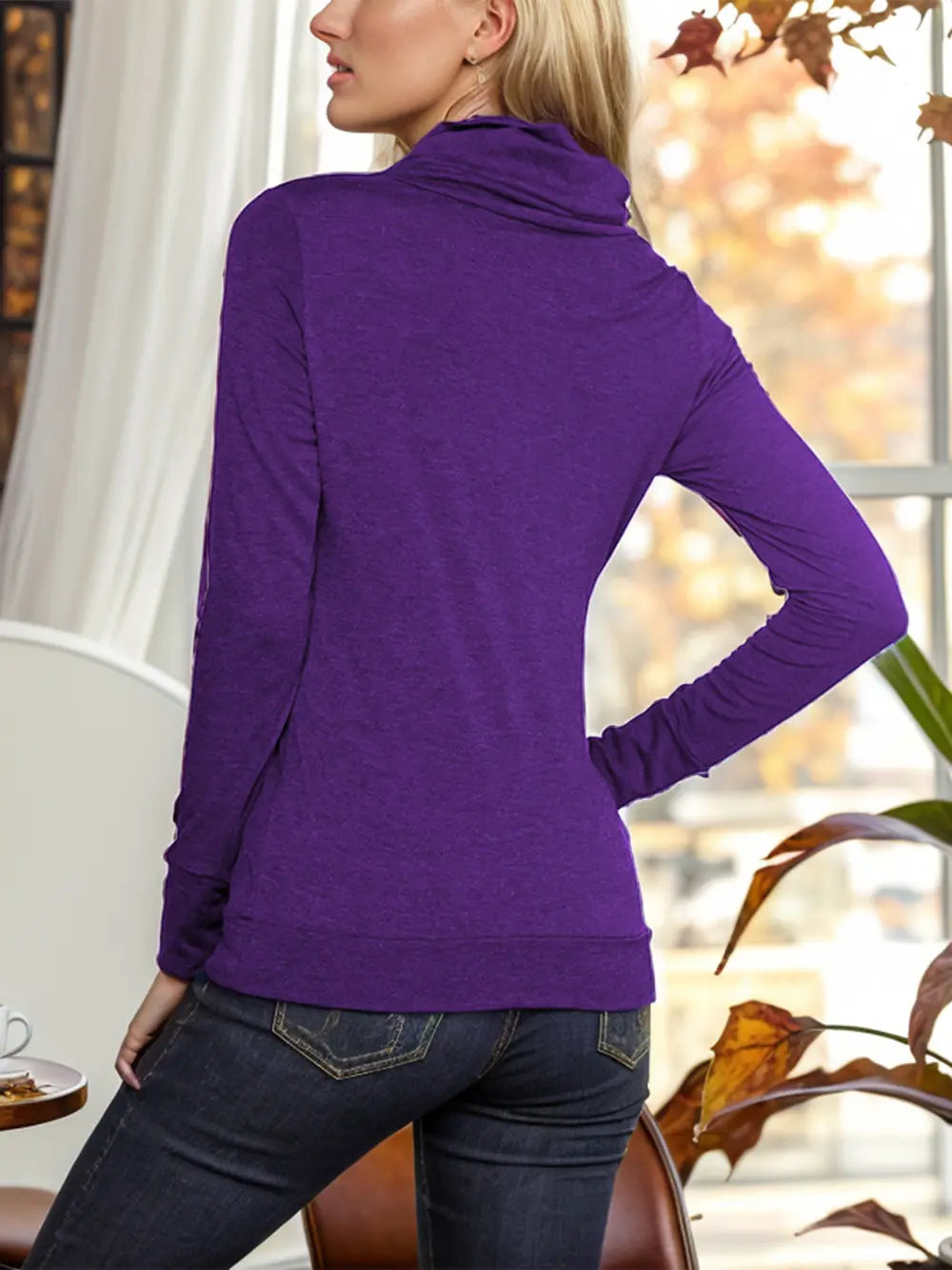 Violet long-sleeve mock neck blouse, rear view with high draped collar