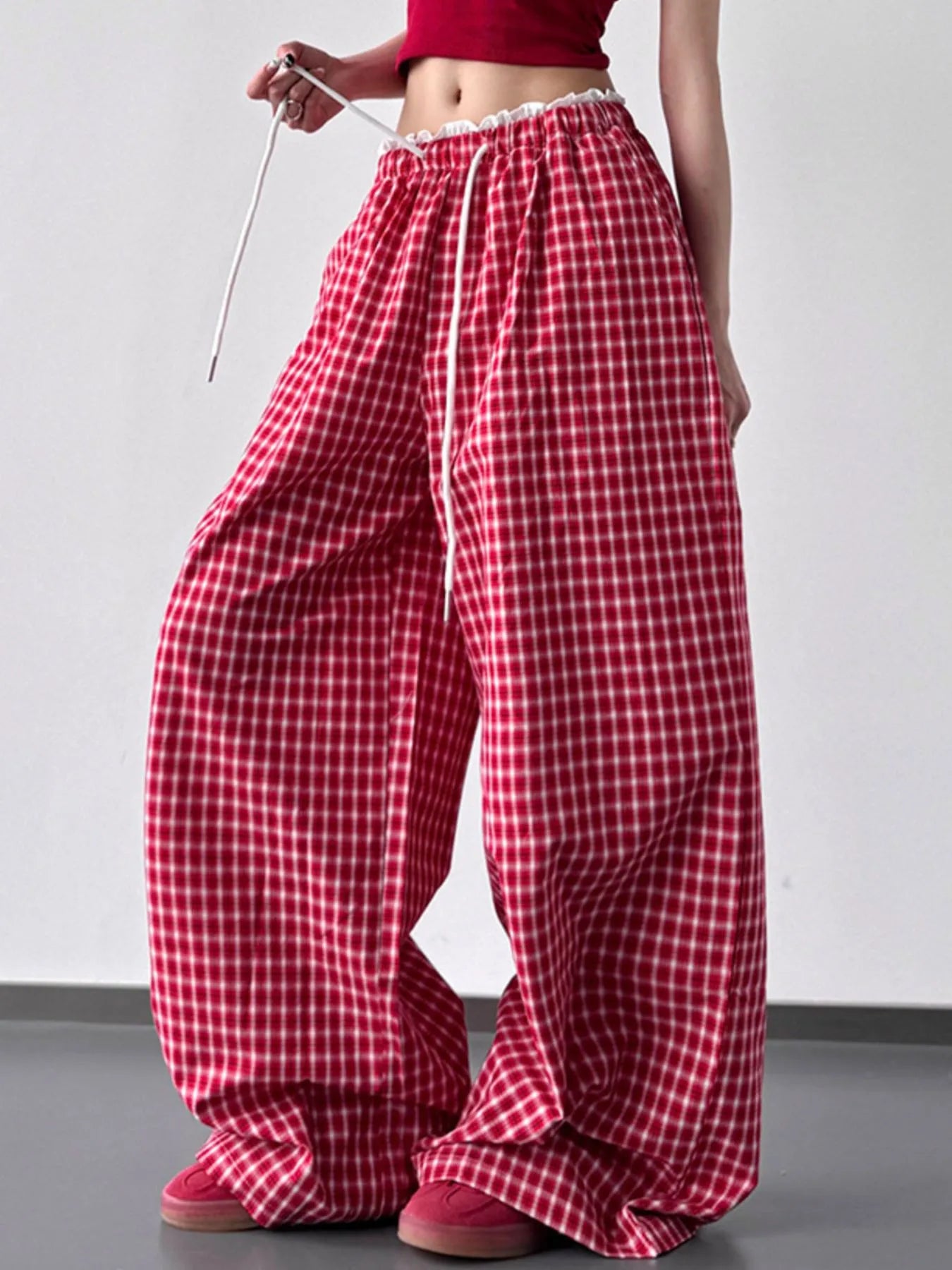Drawstring plaid wide-leg pants in red with white check, elastic waist and drawstring