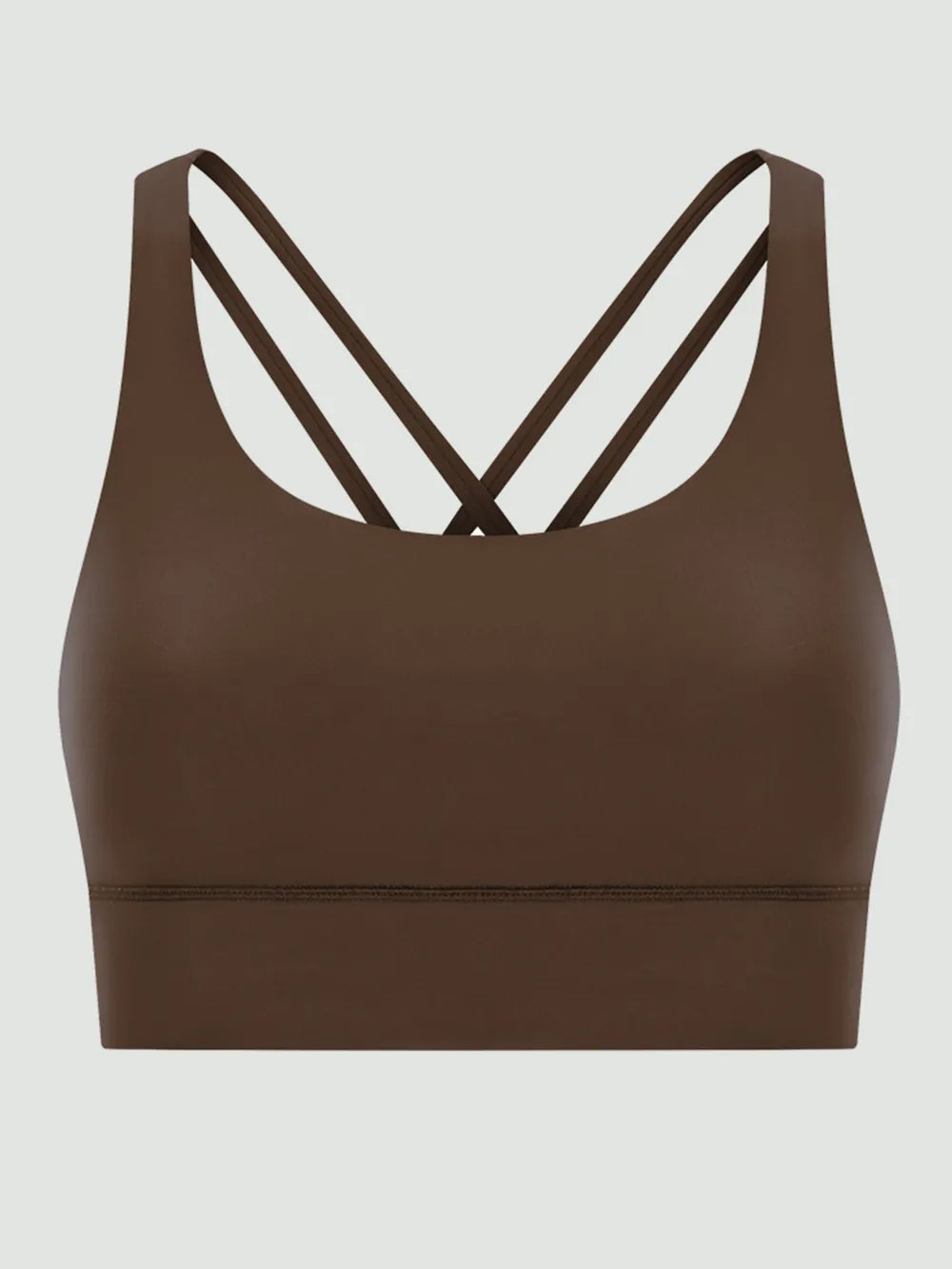 Dark brown crisscross-back active tank sports bra with scoop neckline