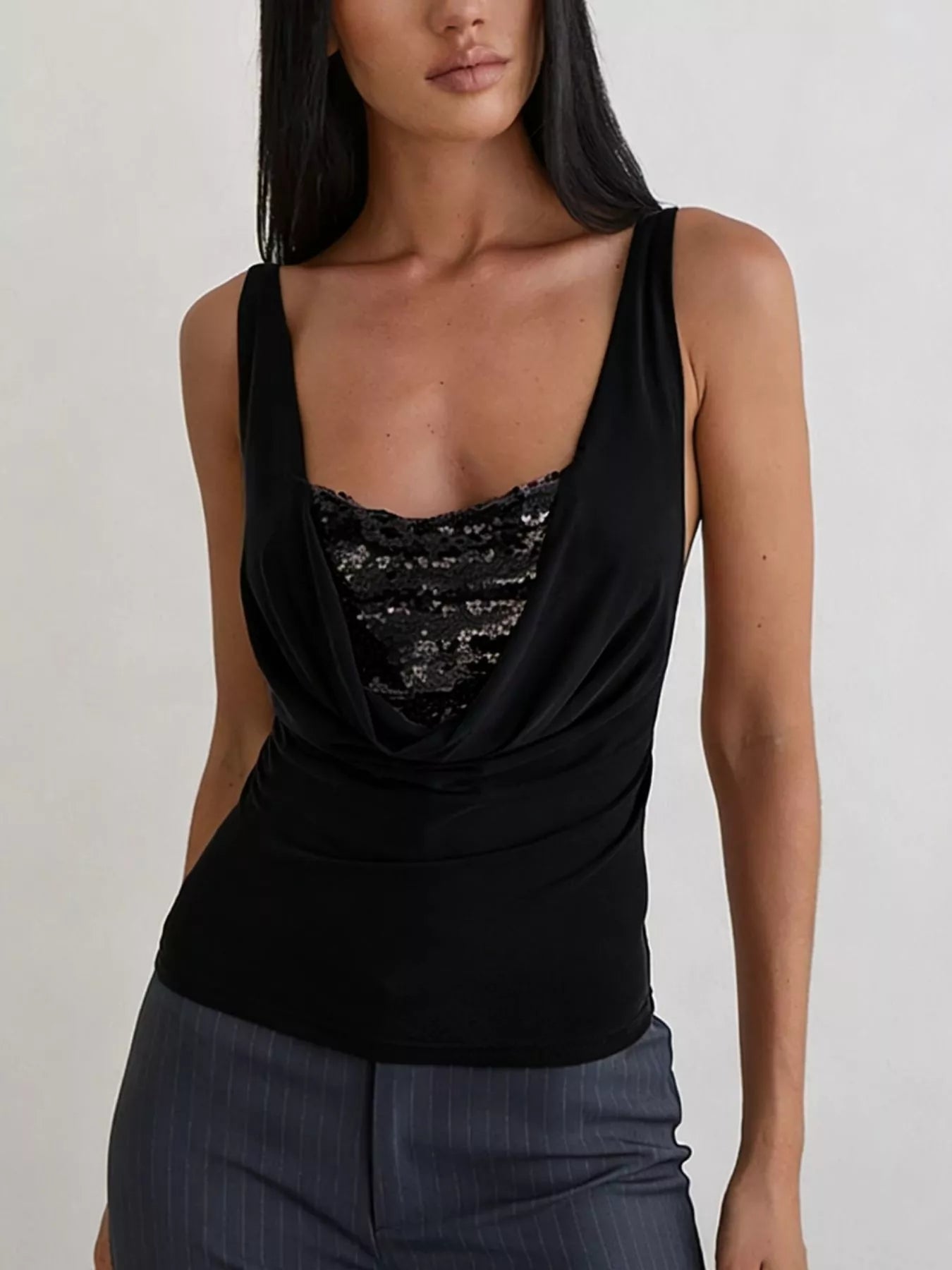 Cedar & Moore Sequin Detail Ruched Tank in black with lace inset