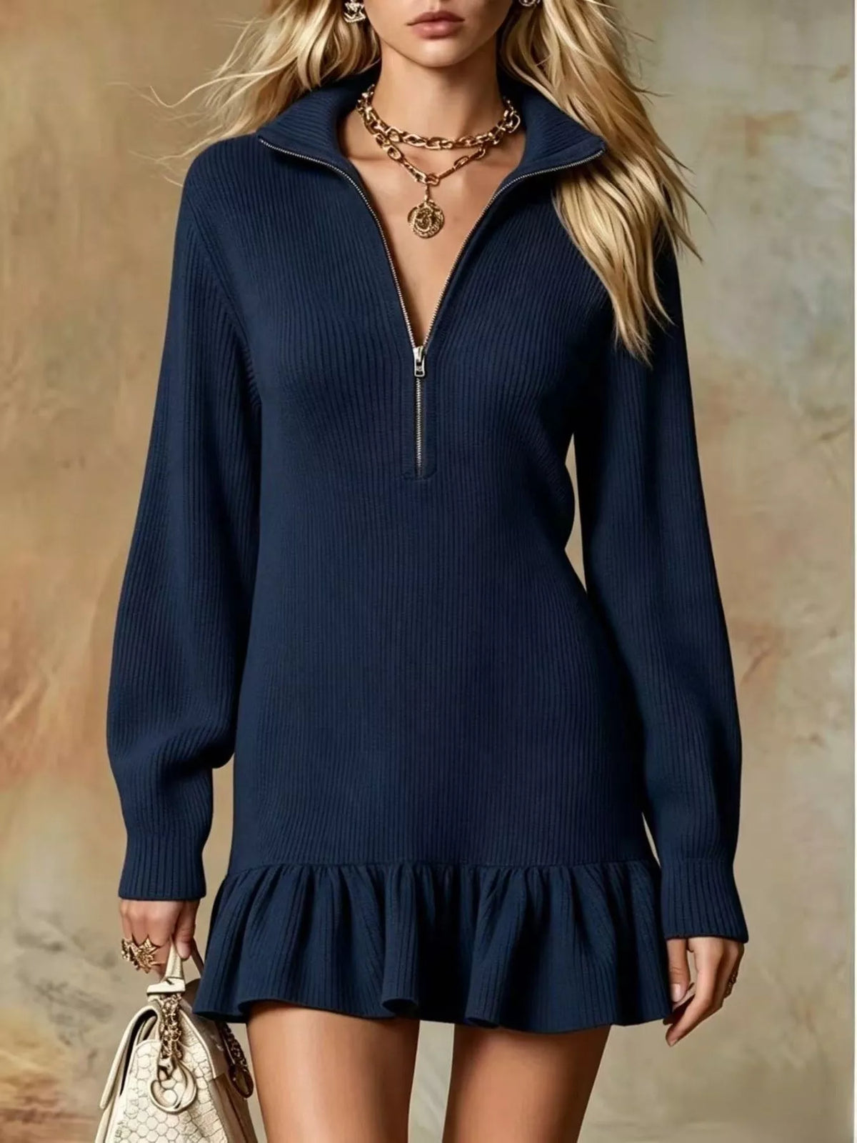 Navy ribbed half-zip stretch dress with long sleeves and ruffle hem