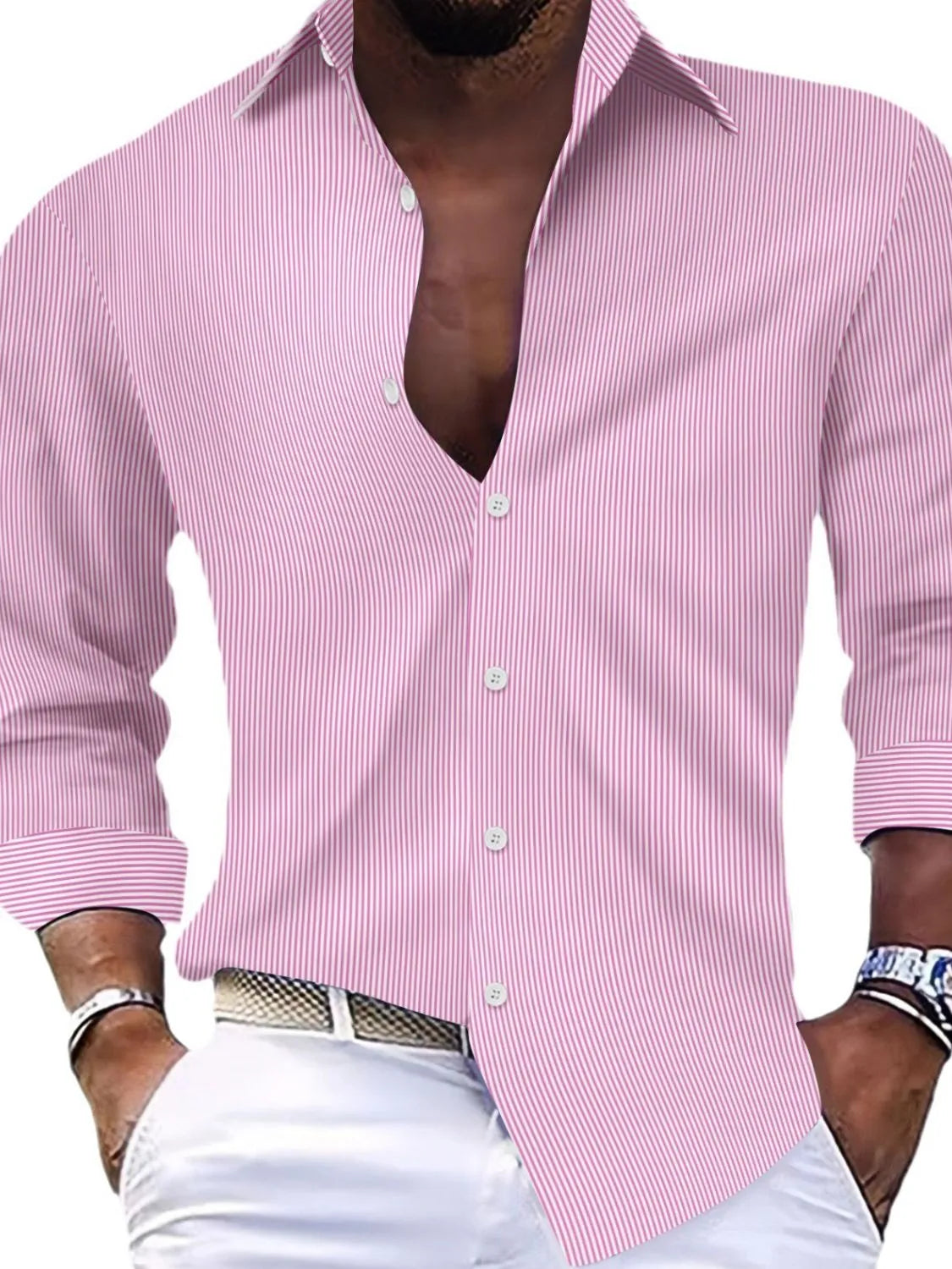 Men's striped button-up long sleeve shirt, pale pink with white pinstripes
