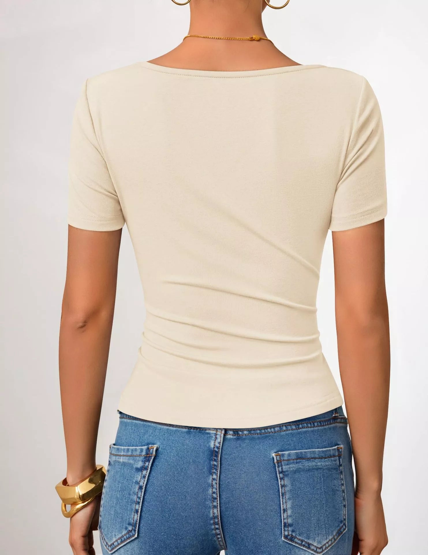 Cedar & Moore Asymmetrical Neckline Fitted T-Shirt, beige, short sleeves, back view