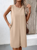 Ivy Lane beige pocketed round-neck sleeveless mini dress; knee-length.