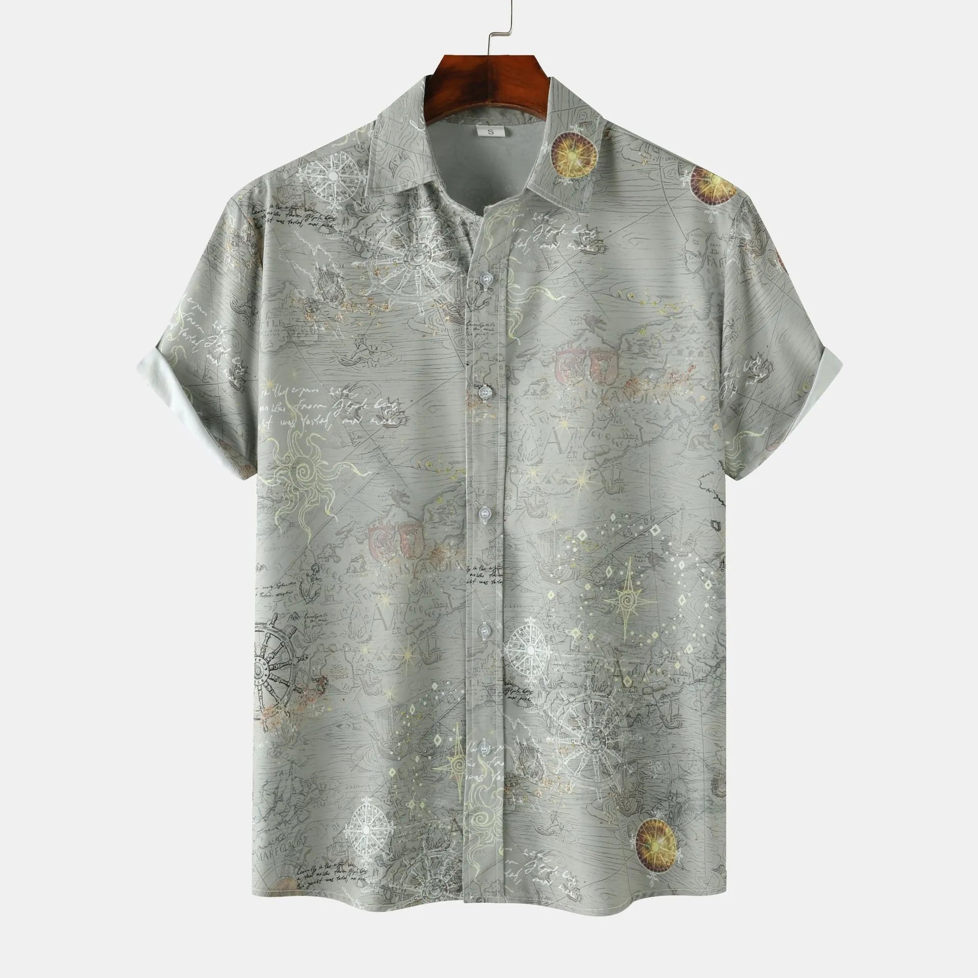 Men’s printed short-sleeve button-up shirt in light gray-green with ornate script and small medallion print.