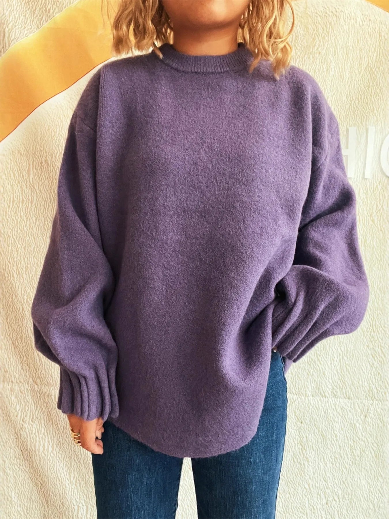 Dropped-shoulder sweater, purple, round neckline, long sleeves, balloon sleeves