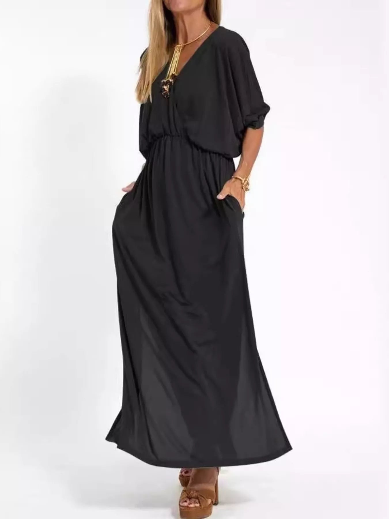 Black V-neck batwing sleeve maxi dress with gathered waist and side slit
