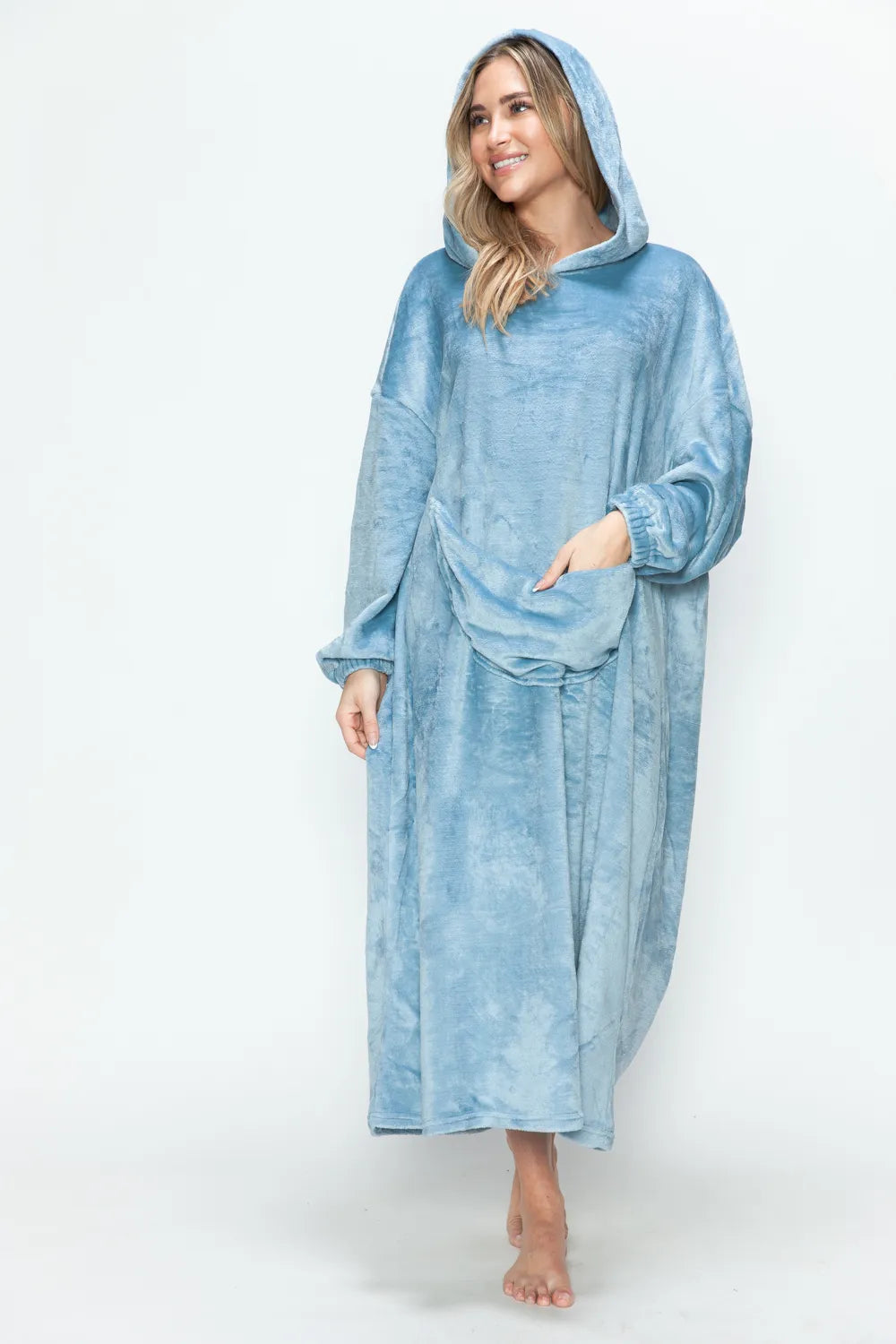 Pastel blue hooded midi lounge dress with kangaroo pocket pouch and long sleeves