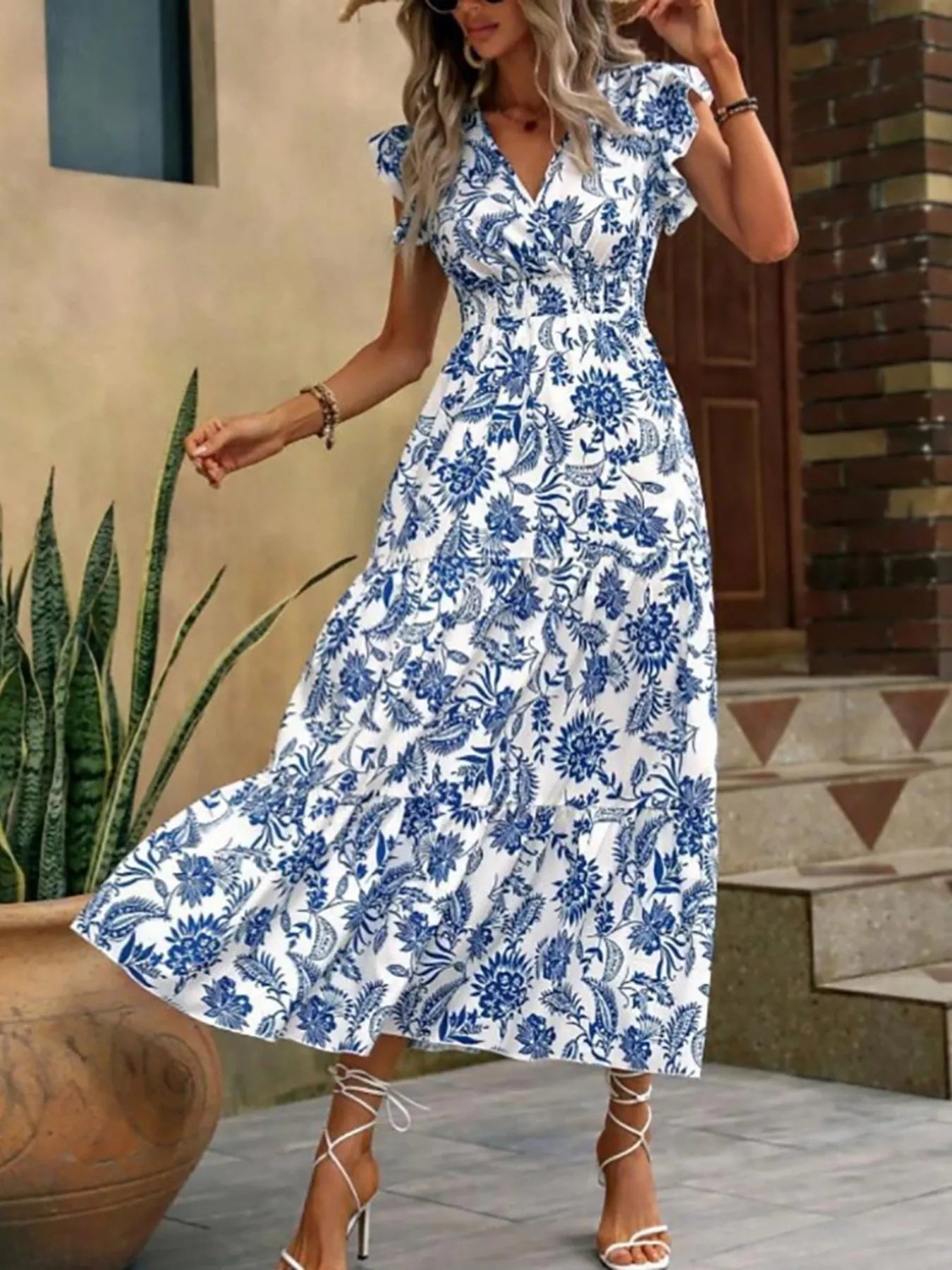 Floral print midi dress with ruffle sleeves, V-neck, blue with white floral pattern