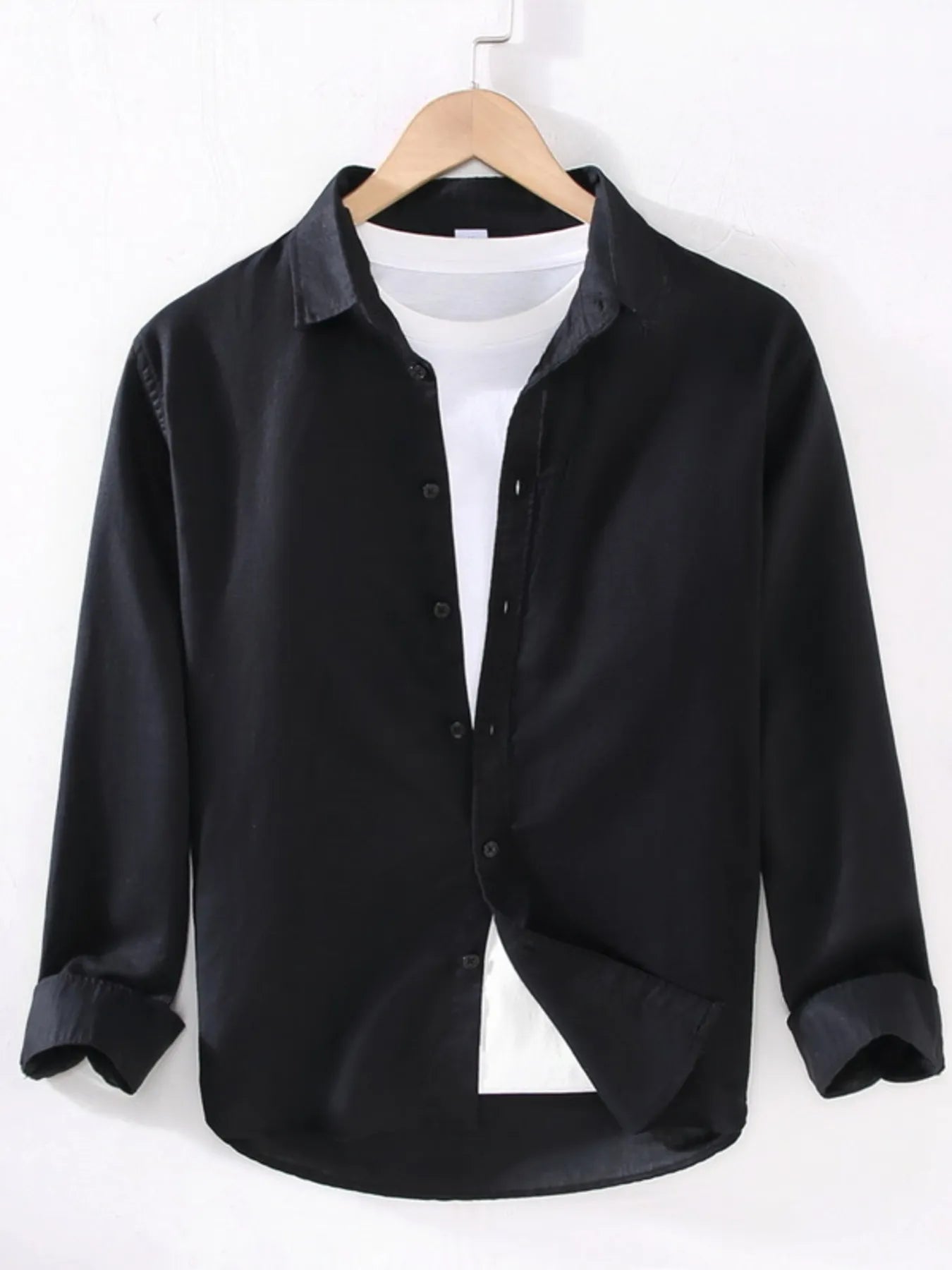 Black short-sleeve button-up shirt with point collar and front button placket