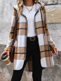 Camel plaid zip-up hooded jacket with long sleeves and patch pockets