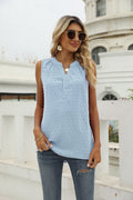 Swiss-dot notched-neck tank, light blue, sleeveless button front