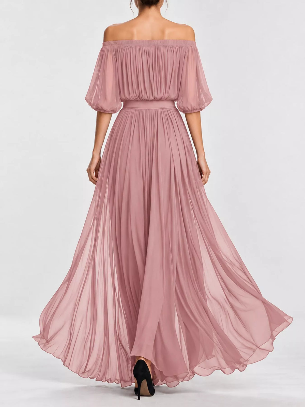 Pink off-shoulder ruched chiffon maxi dress, gathered waist, flowing hem