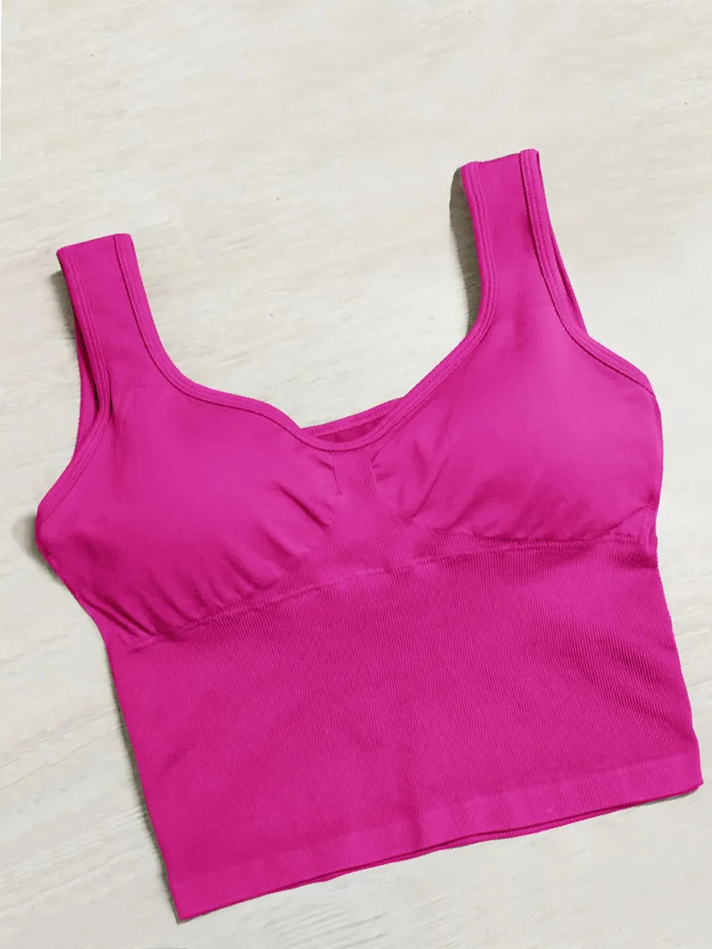 Active tank top in hot pink, wide straps, scoop neck, gathered bust design